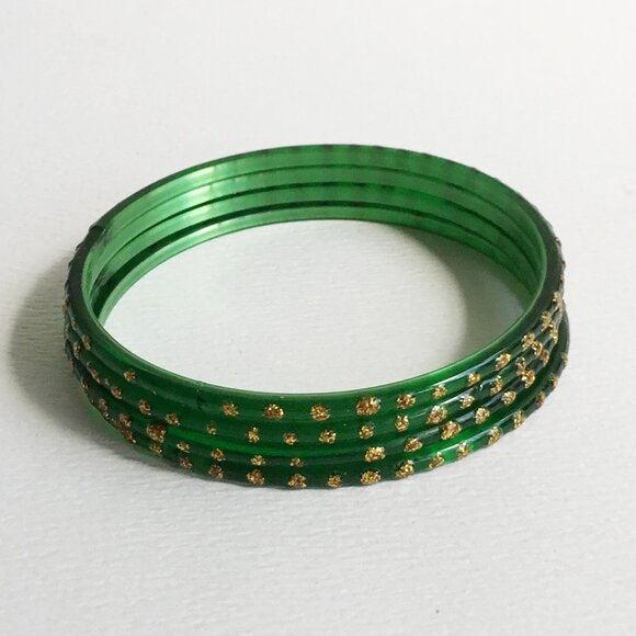 Green & Gold Glitter Children's Indian Glass Bangles Bollywood Set of 4 - Picture 1 of 6